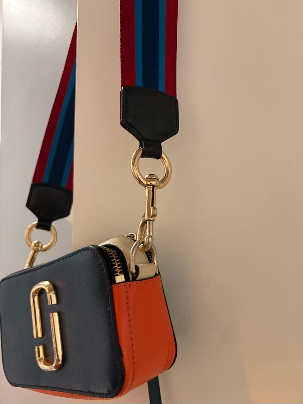 Marc Jacobs Navy and Orange Crossbody with Striped Strap